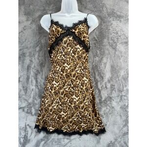 Victorias Secret 100% Silk Slip Dress Leopard Print Lace Trim Babydoll Vintage